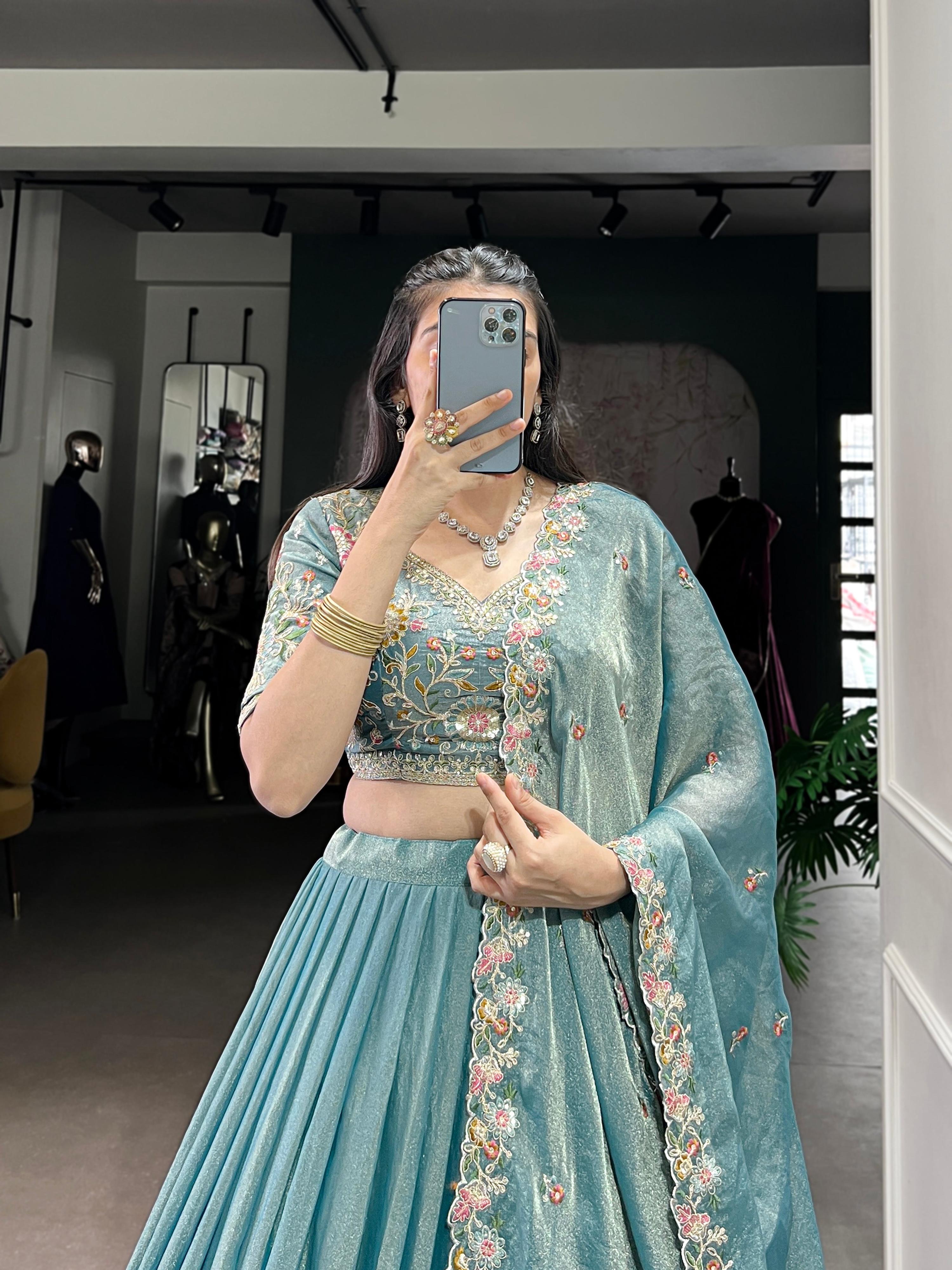Lorenvalley Fashion Skyblue Zari Shimmer Sequins and Thread Embroidery Work Lehenga Choli with Dupatta - Distacart