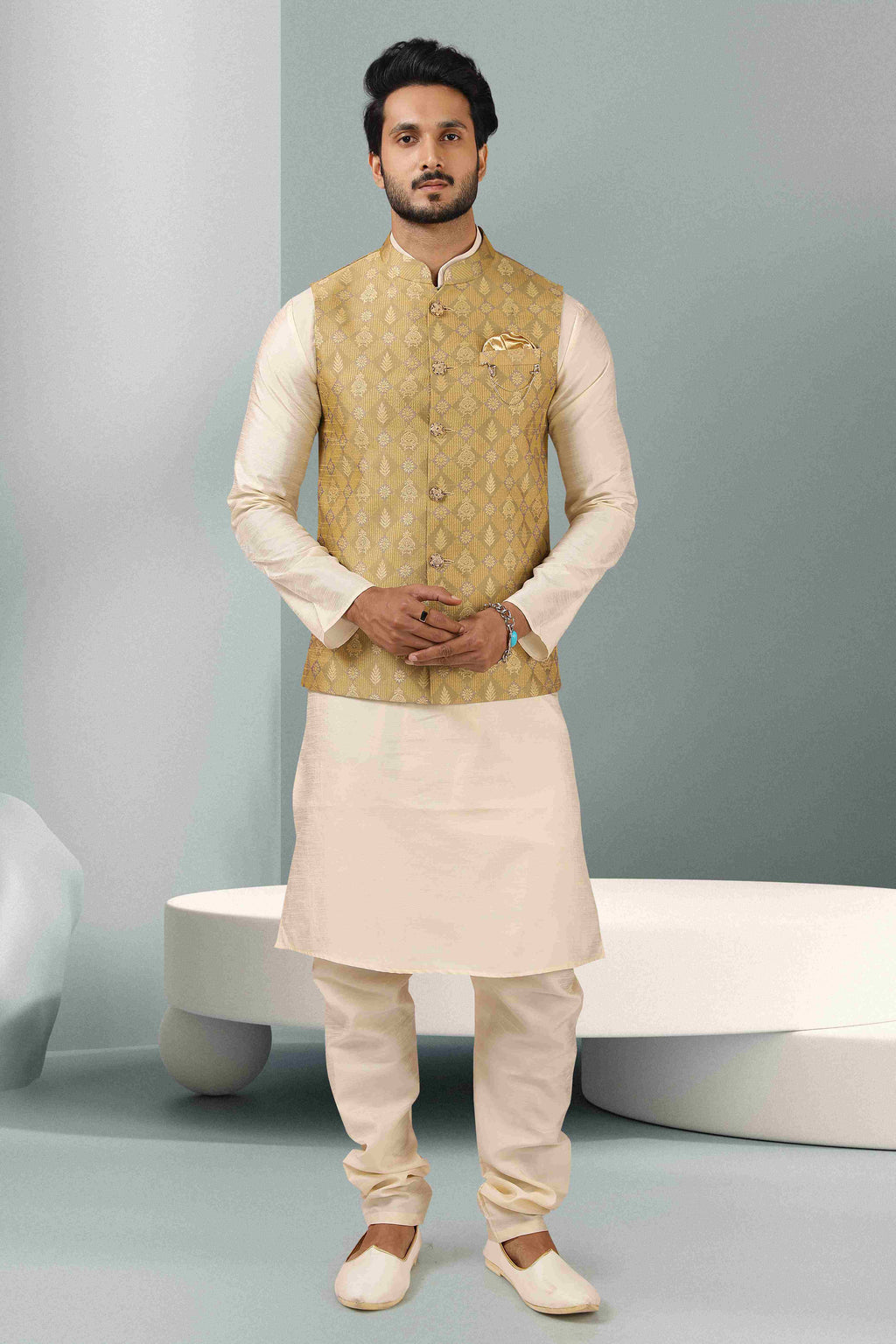 Raivat Ethnic Jacquard Banarasi Silk Woven Work 3 Pics Jacket Set In Beige Colour