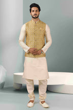 Raivat Ethnic Jacquard Banarasi Silk Woven Work 3 Pics Jacket Set In Beige Colour