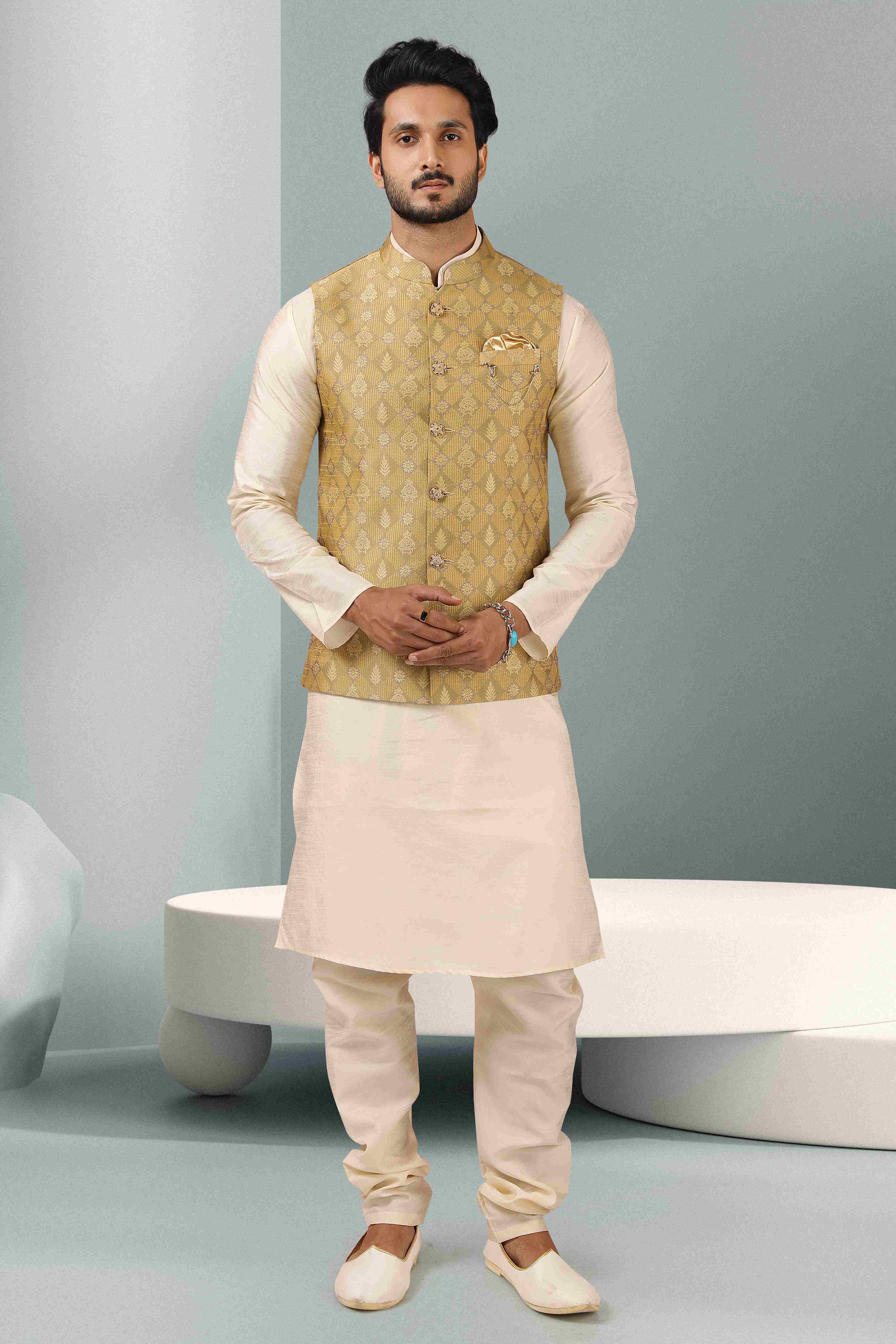 Raivat Ethnic Jacquard Banarasi Silk Woven Work 3 Pics Jacket Set In Beige Colour