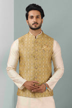 Raivat Ethnic Jacquard Banarasi Silk Woven Work 3 Pics Jacket Set In Beige Colour
