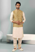 Raivat Ethnic Jacquard Banarasi Silk Woven Work 3 Pics Jacket Set In Beige Colour