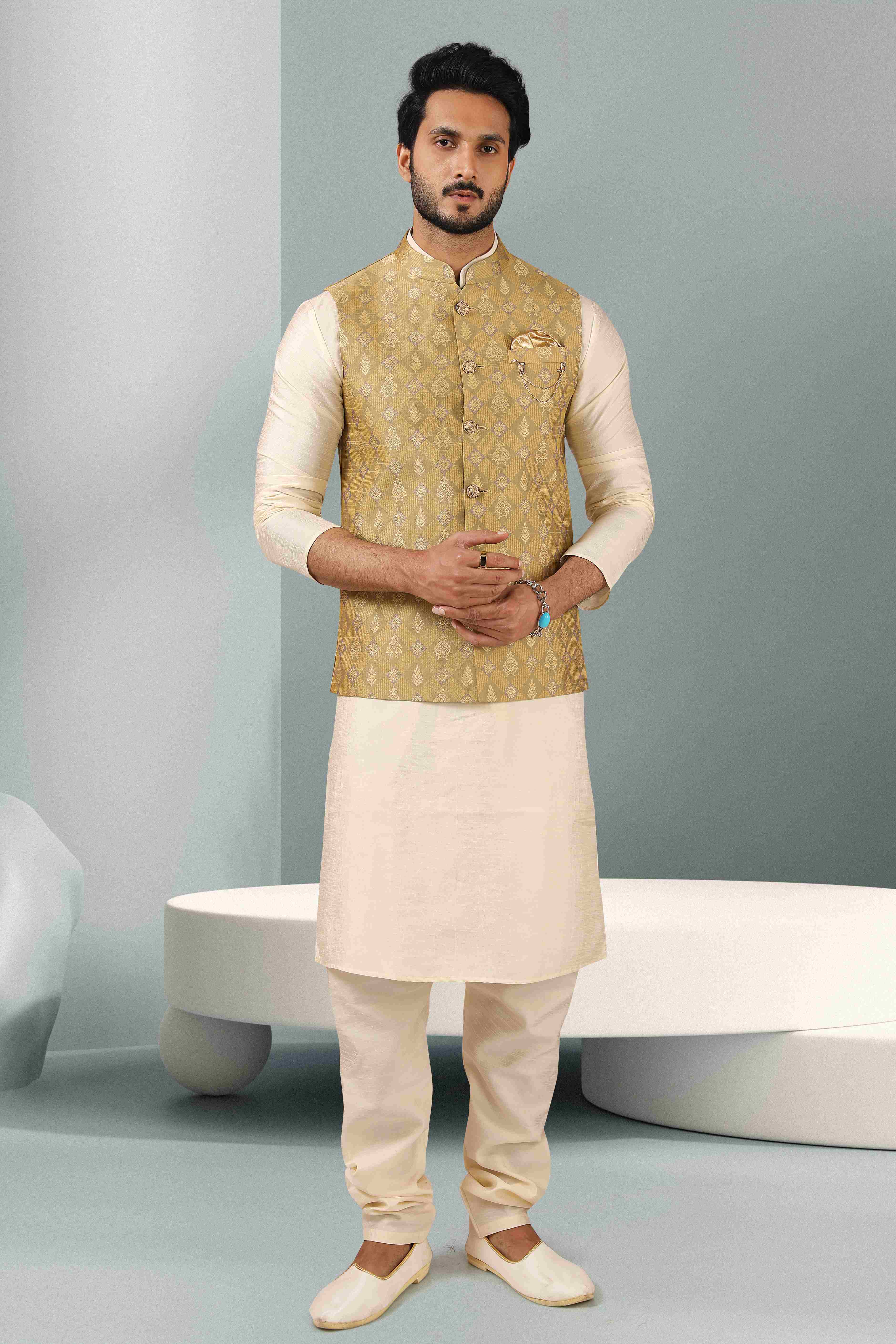 Raivat Ethnic Jacquard Banarasi Silk Woven Work 3 Pics Jacket Set In Beige Colour
