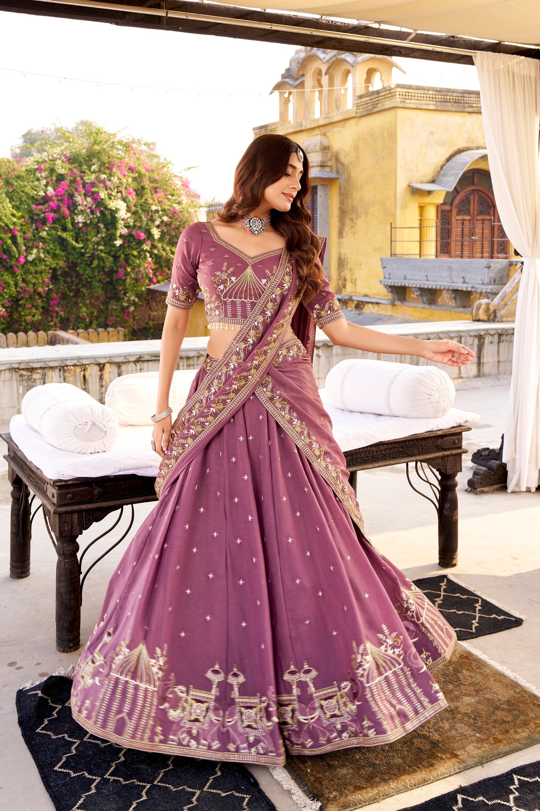 Lorenvalley Fashion Lavender Crush Silk Sequins and Thread Embroidery Work Lehenga Choli with Dupatta - Distacart