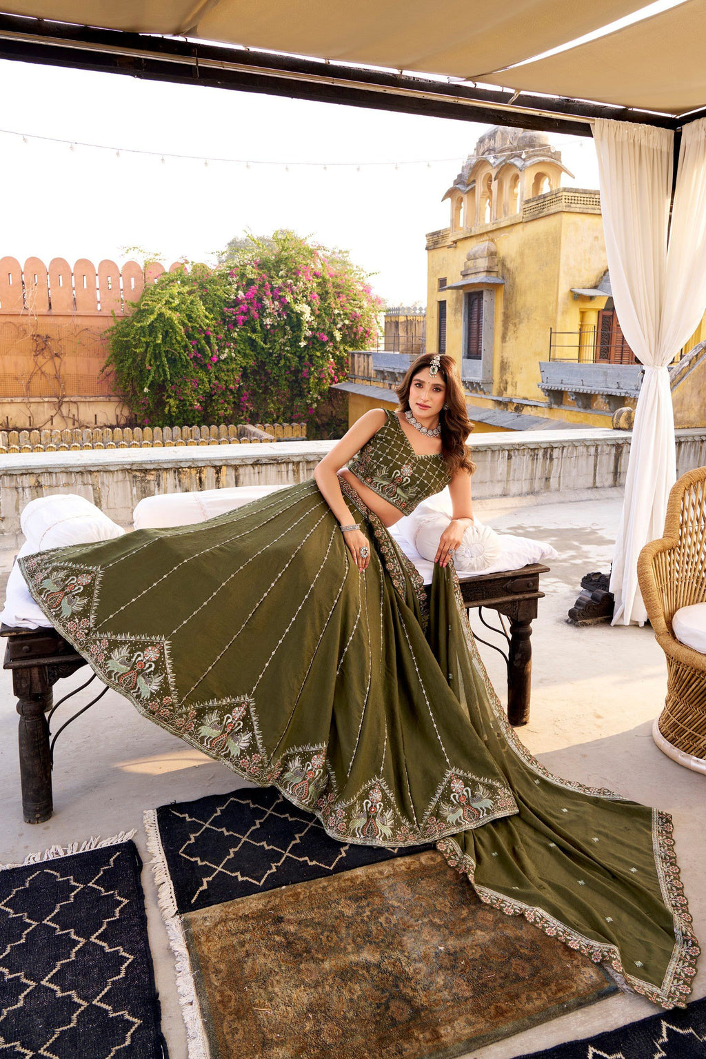 Lorenvalley Fashion Mehendi Crush Silk Sequins and Thread Embroidery Work Lehenga Choli with Dupatta - Distacart