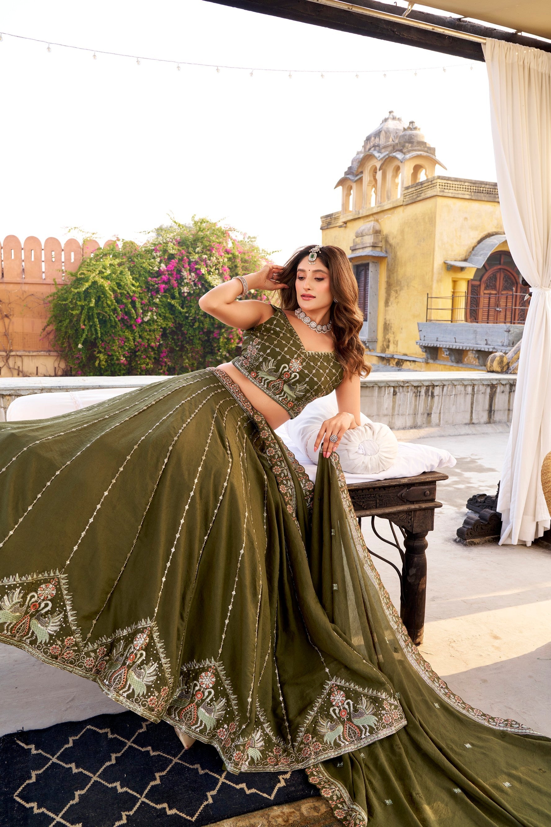 Lorenvalley Fashion Mehendi Crush Silk Sequins and Thread Embroidery Work Lehenga Choli with Dupatta - Distacart