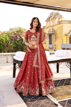 Lorenvalley Fashion Rust Crush Silk Sequins and Thread Embroidery Work Lehenga Choli with Dupatta - Distacart