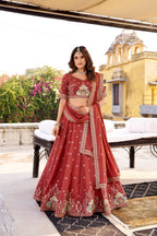 Lorenvalley Fashion Rust Crush Silk Sequins and Thread Embroidery Work Lehenga Choli with Dupatta - Distacart
