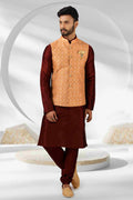 Raivat Ethnic Jacquard Banarasi Silk Woven Work 3 Pics Jacket Set In Peach Colour