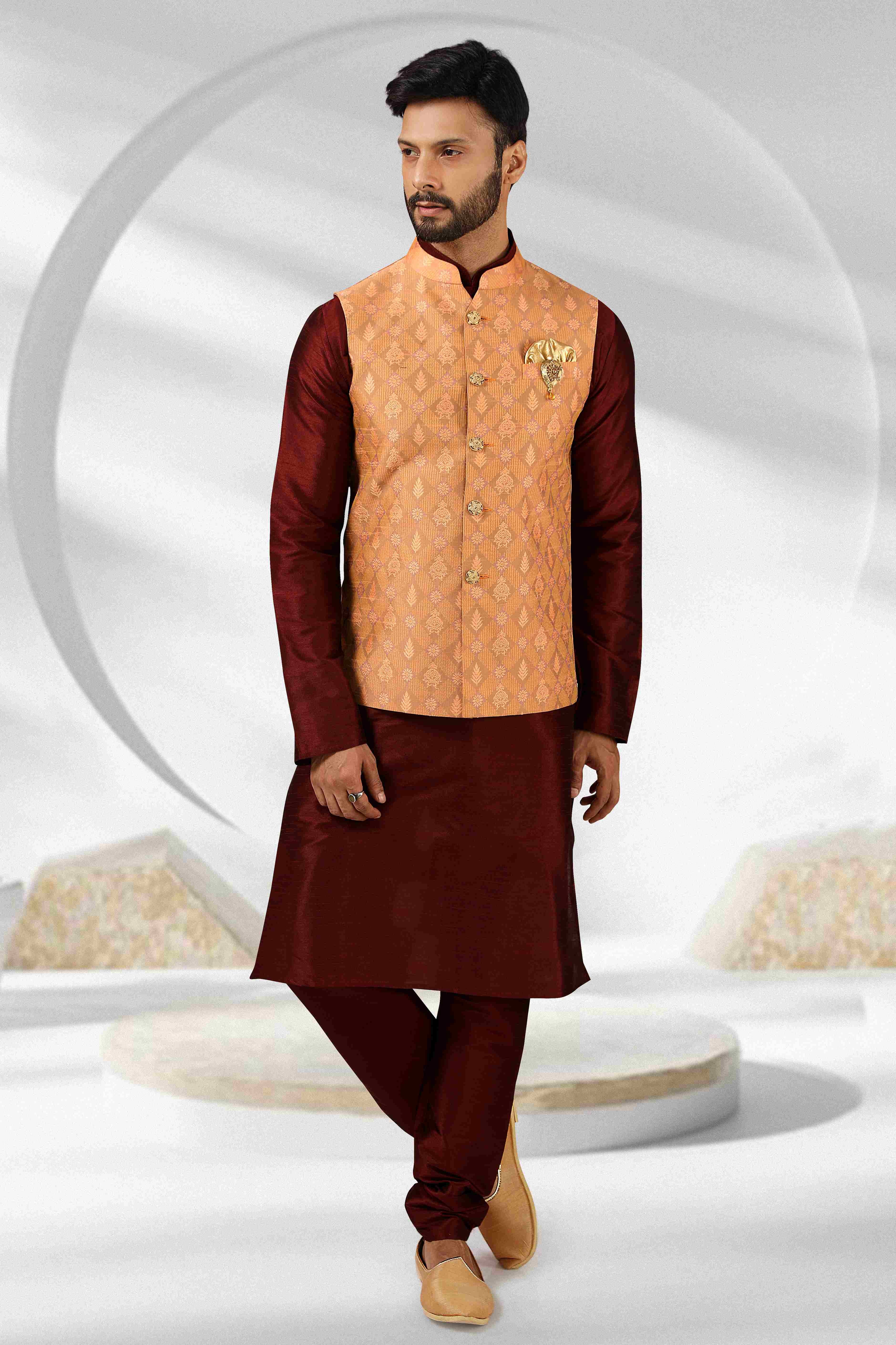 Raivat Ethnic Jacquard Banarasi Silk Woven Work 3 Pics Jacket Set In Peach Colour