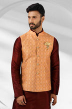 Raivat Ethnic Jacquard Banarasi Silk Woven Work 3 Pics Jacket Set In Peach Colour