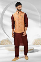 Raivat Ethnic Jacquard Banarasi Silk Woven Work 3 Pics Jacket Set In Peach Colour