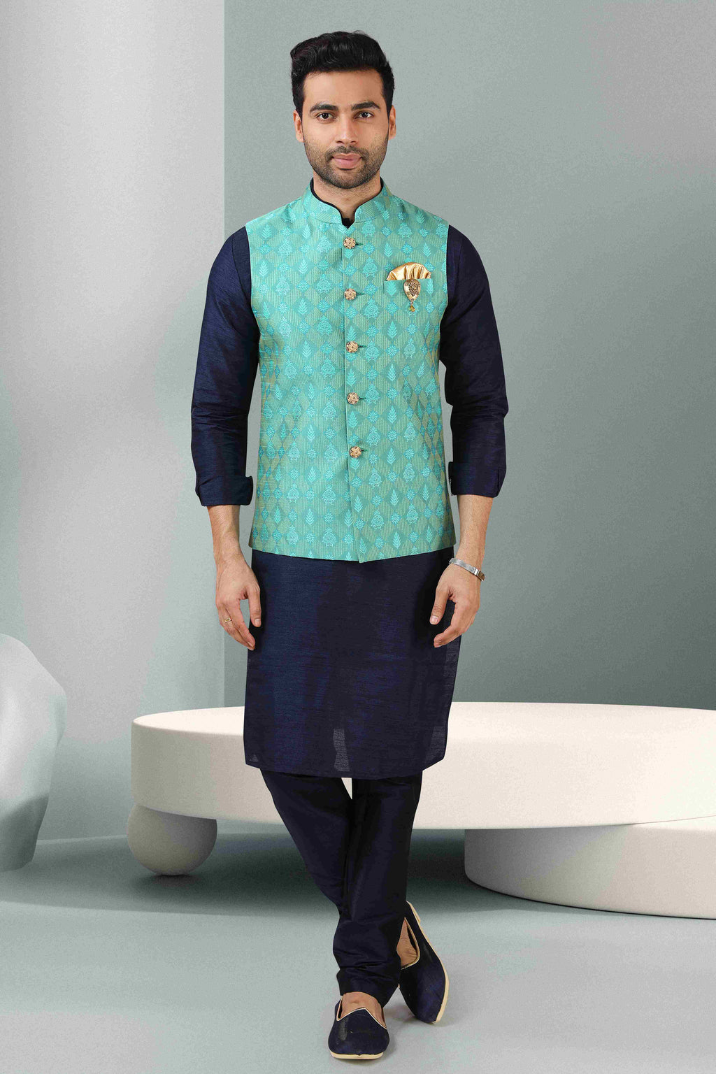 Raivat Ethnic Jacquard Banarasi Silk Woven Work 3 Pics Jacket Set In Sea Green Colour