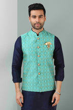 Raivat Ethnic Jacquard Banarasi Silk Woven Work 3 Pics Jacket Set In Sea Green Colour