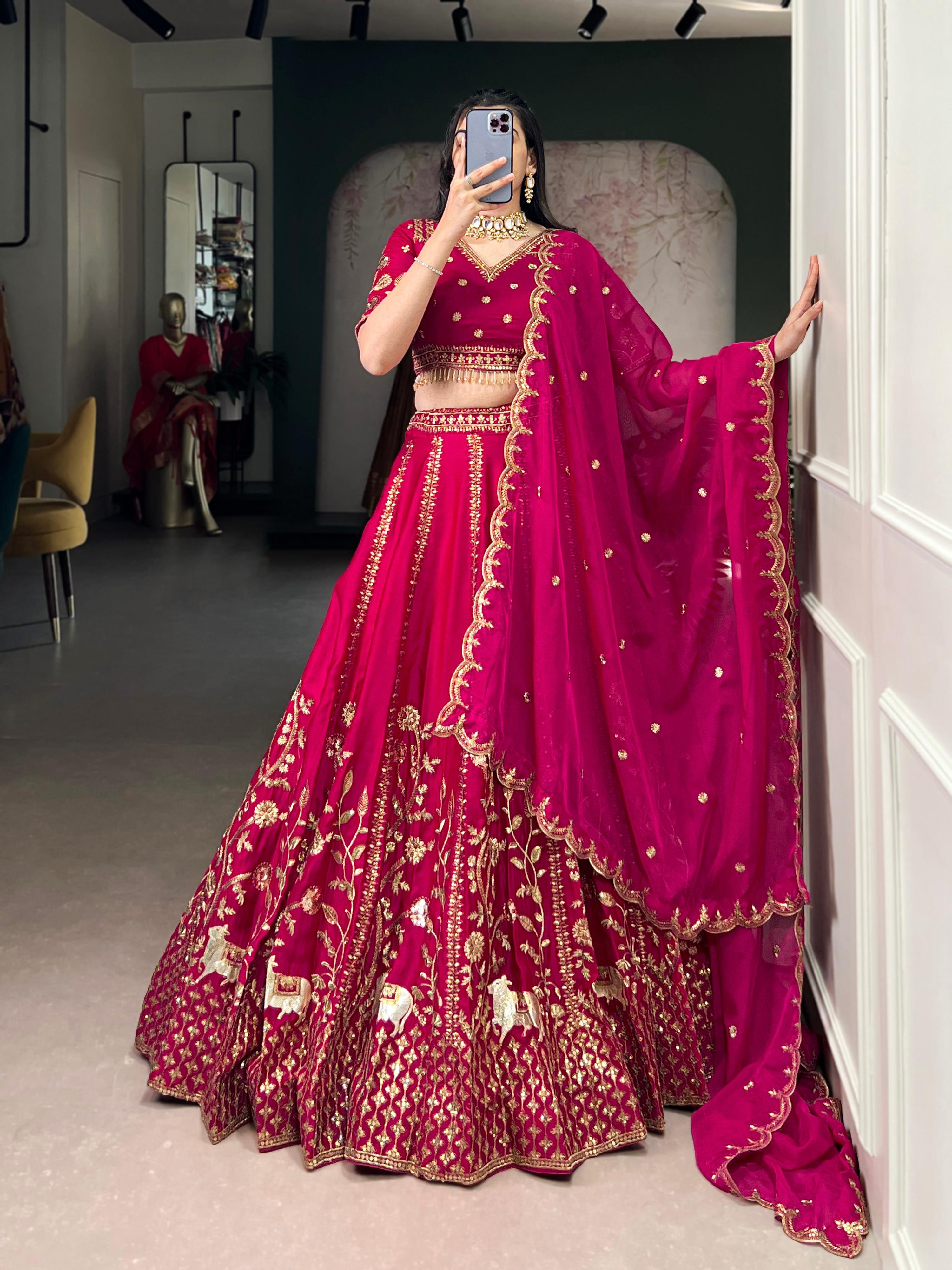 Lorenvalley Fashion Ranipink Natural Silk Sequins and Thread Embroidery Work Lehenga Choli with Dupatta - Distacart