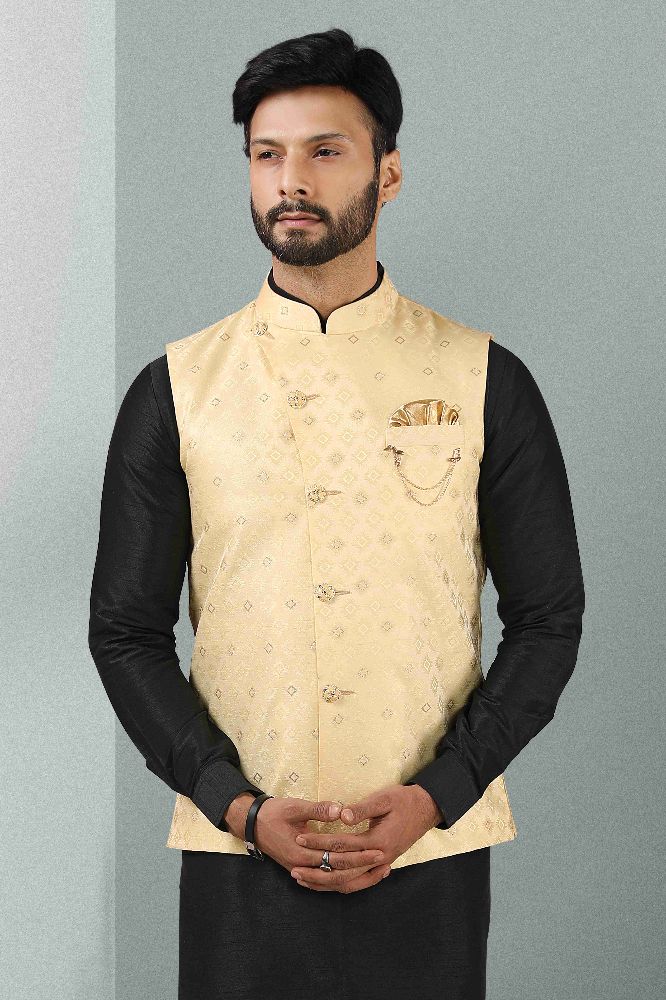 Raivat Ethnic Jacquard Banarasi Silk Woven Work 3 Pics Jacket Set In Cream Colour