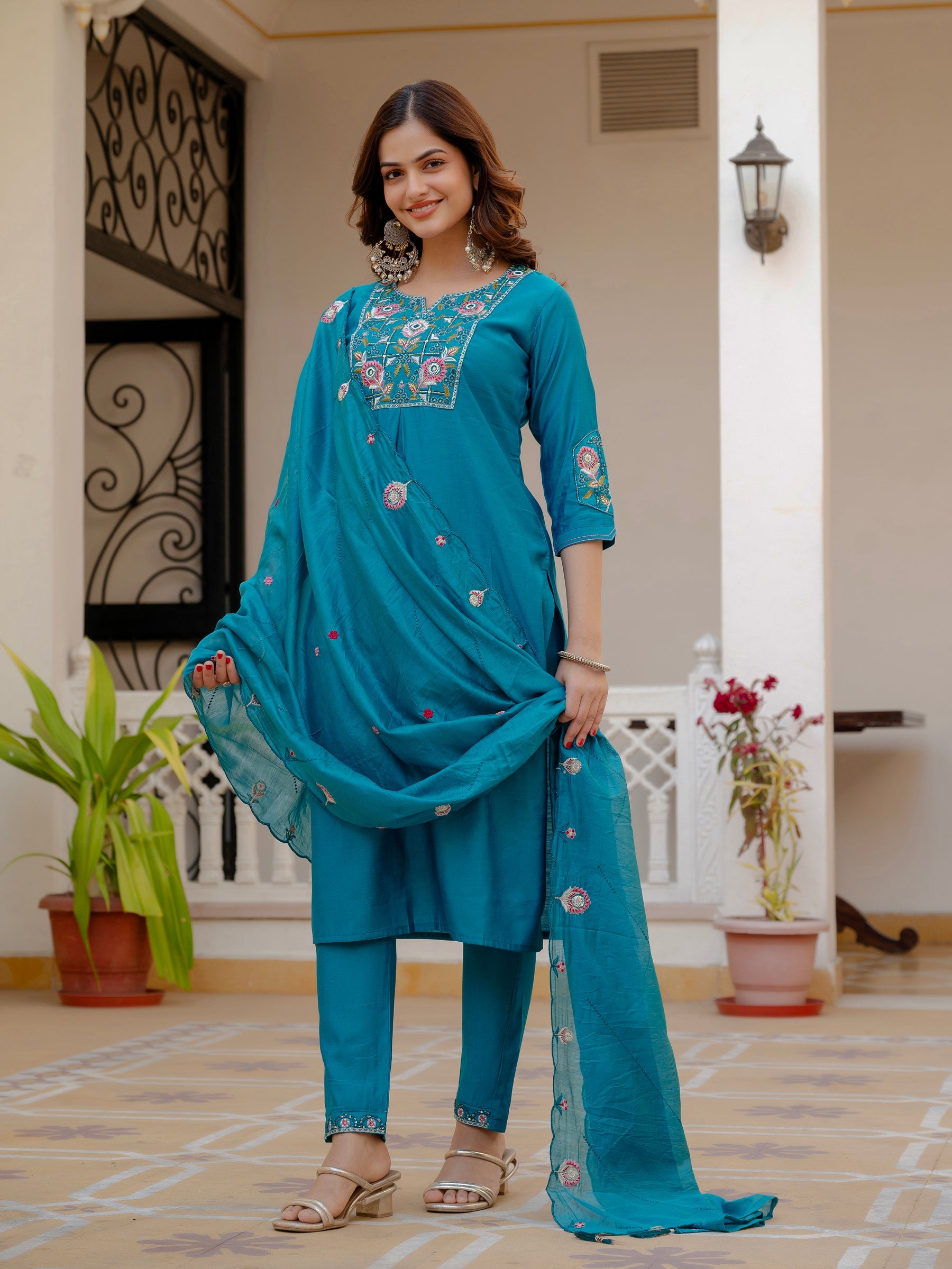 Lorenvalley Fashion Firozi Viscose Mango Silk Multi Embroidery Sequins With Hand Work Kurta Pant Dupatta - Distacart
