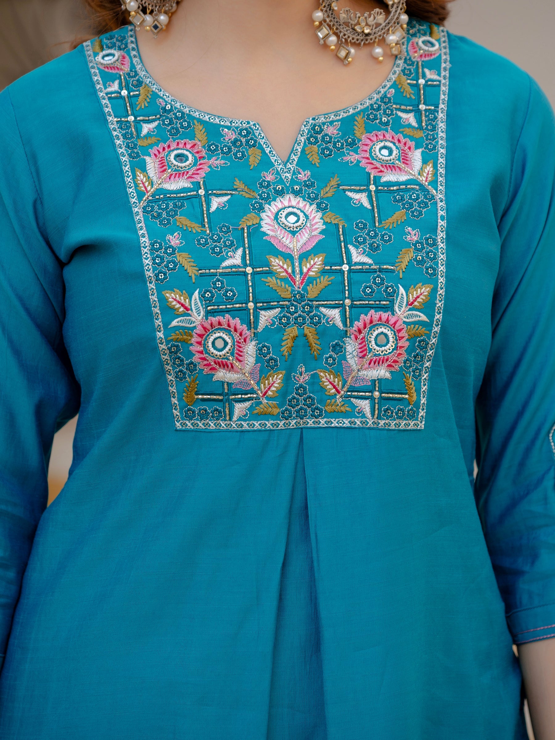 Lorenvalley Fashion Firozi Viscose Mango Silk Multi Embroidery Sequins With Hand Work Kurta Pant Dupatta - Distacart