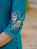 Lorenvalley Fashion Firozi Viscose Mango Silk Multi Embroidery Sequins With Hand Work Kurta Pant Dupatta - Distacart