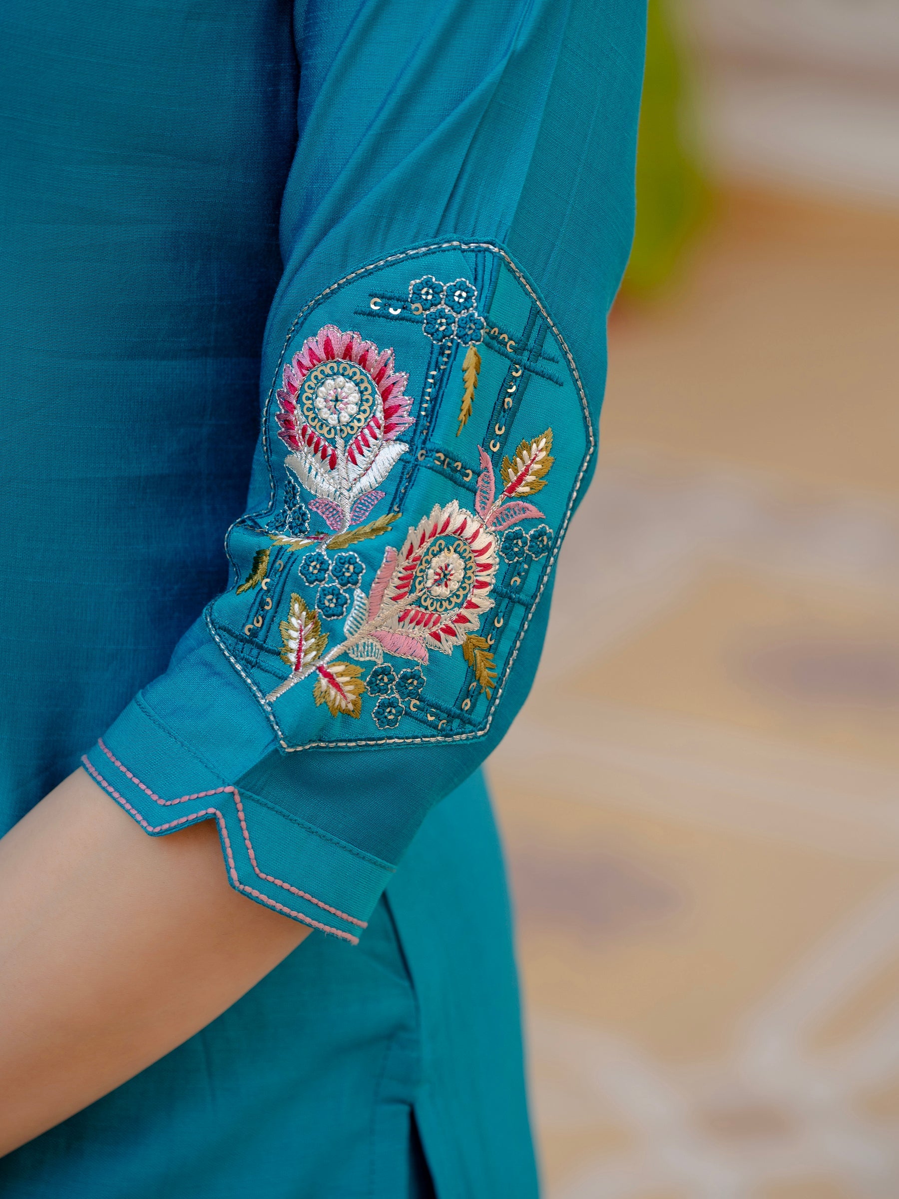 Lorenvalley Fashion Firozi Viscose Mango Silk Multi Embroidery Sequins With Hand Work Kurta Pant Dupatta - Distacart
