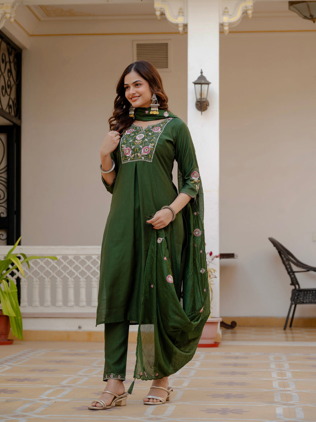Lorenvalley Fashion Green Viscose Mango Silk Multi Embroidery Sequins With Hand Work Kurta Pant Dupatta - Distacart