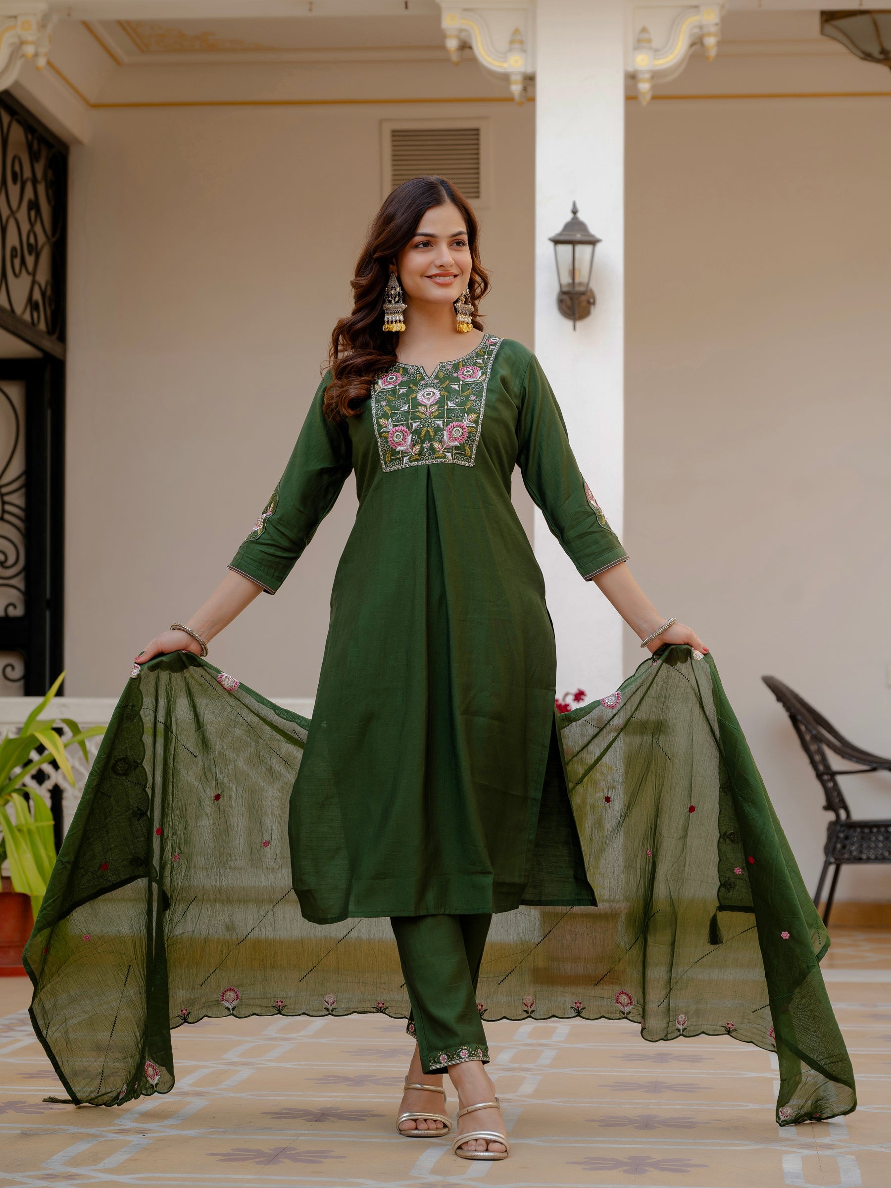 Lorenvalley Fashion Green Viscose Mango Silk Multi Embroidery Sequins With Hand Work Kurta Pant Dupatta - Distacart