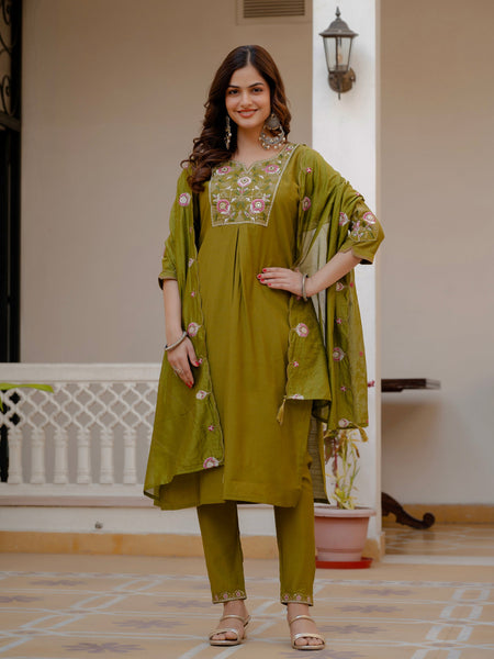 Lorenvalley Fashion Mehendi Viscose Mango Silk Multi Embroidery Sequins With Hand Work Kurta Pant Dupatta