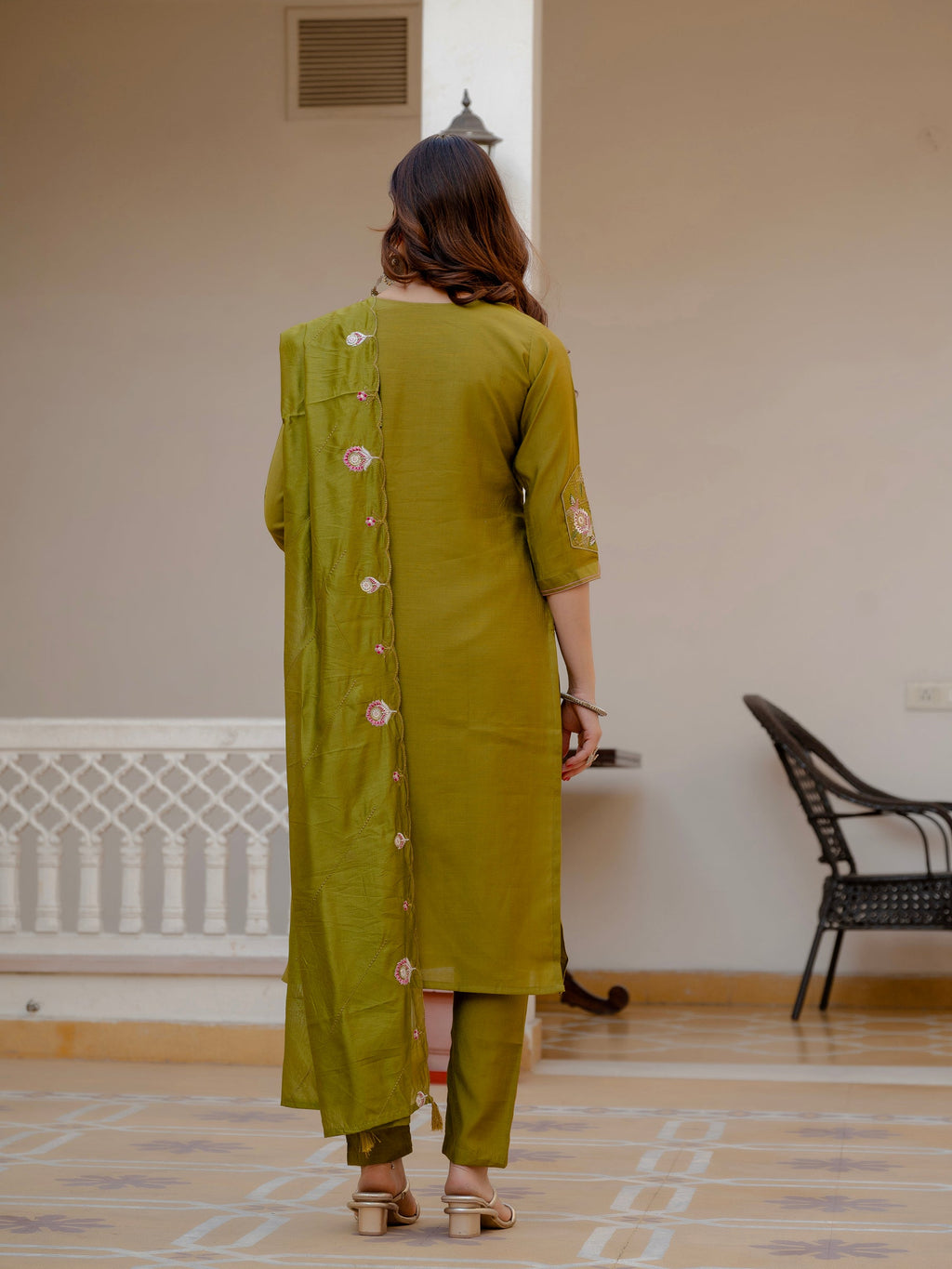 Lorenvalley Fashion Mehendi Viscose Mango Silk Multi Embroidery Sequins With Hand Work Kurta Pant Dupatta - Distacart