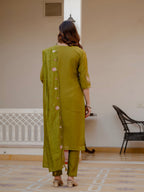Lorenvalley Fashion Mehendi Viscose Mango Silk Multi Embroidery Sequins With Hand Work Kurta Pant Dupatta - Distacart