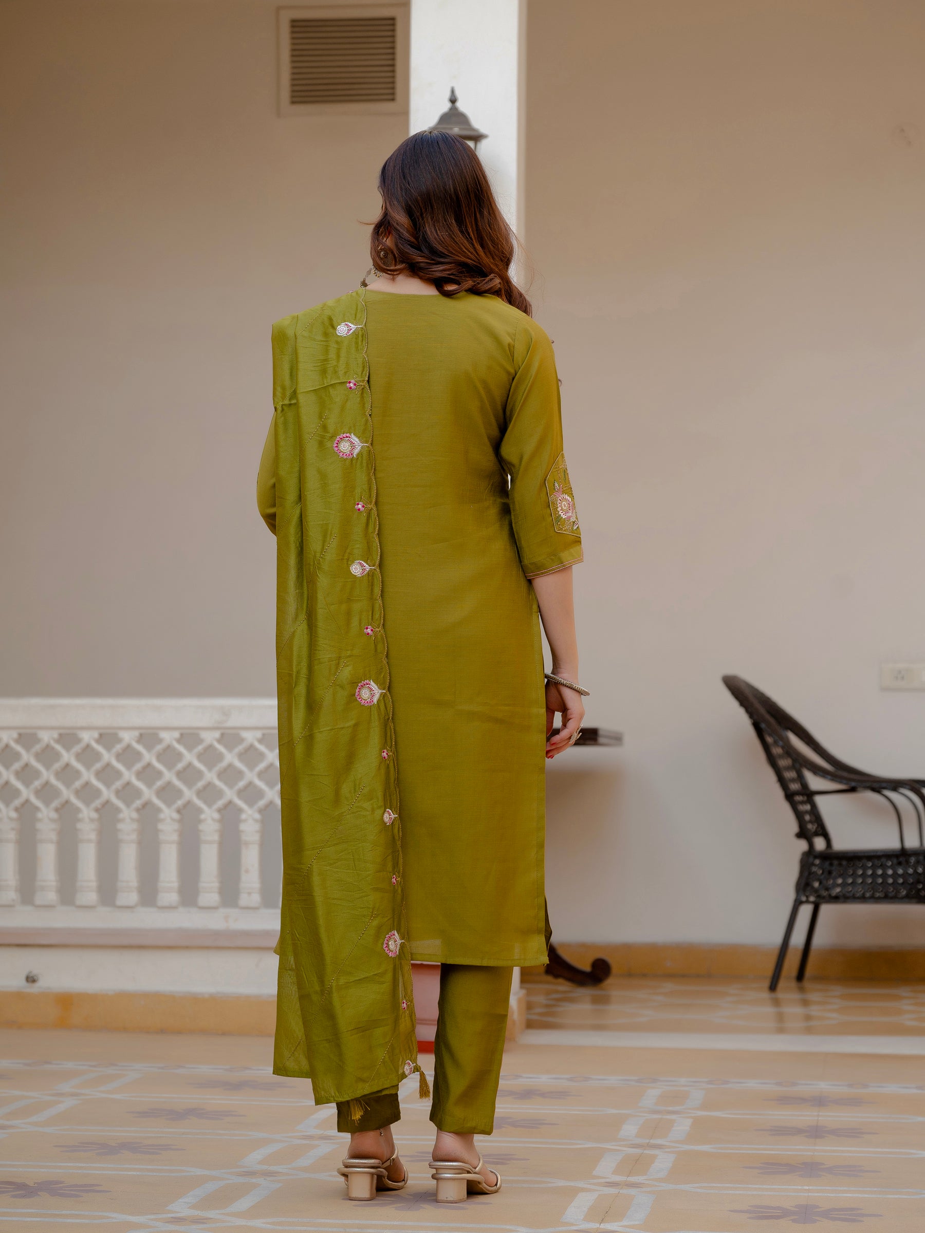 Lorenvalley Fashion Mehendi Viscose Mango Silk Multi Embroidery Sequins With Hand Work Kurta Pant Dupatta - Distacart
