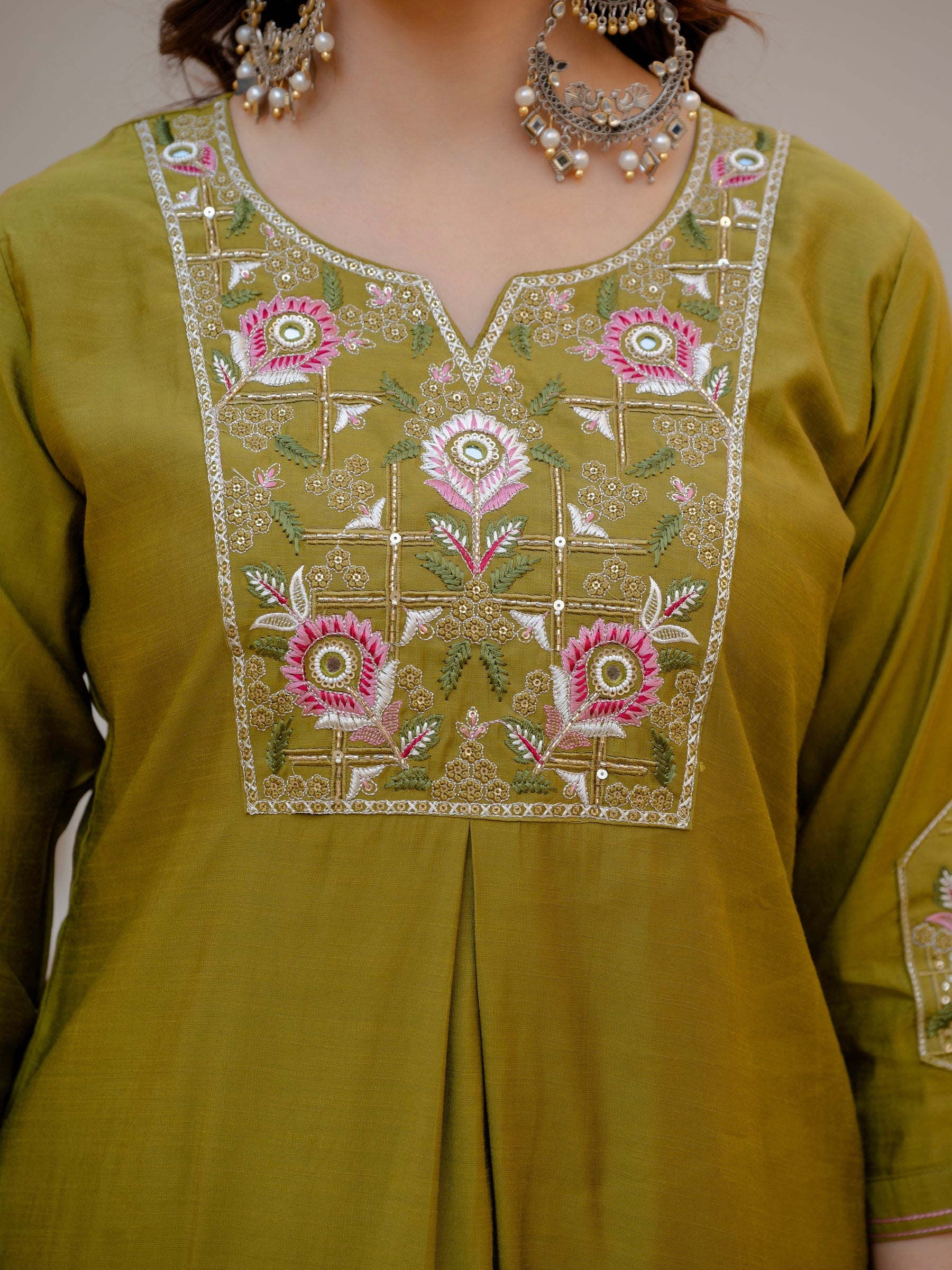 Lorenvalley Fashion Mehendi Viscose Mango Silk Multi Embroidery Sequins With Hand Work Kurta Pant Dupatta - Distacart