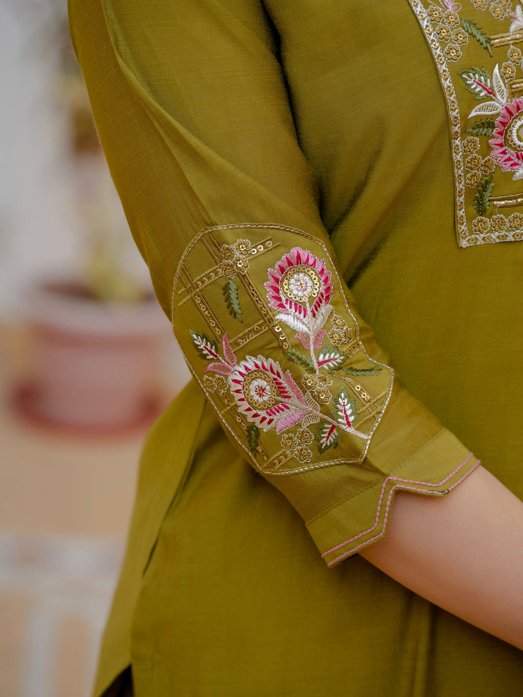 Lorenvalley Fashion Mehendi Viscose Mango Silk Multi Embroidery Sequins With Hand Work Kurta Pant Dupatta - Distacart