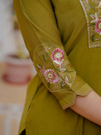 Lorenvalley Fashion Mehendi Viscose Mango Silk Multi Embroidery Sequins With Hand Work Kurta Pant Dupatta - Distacart