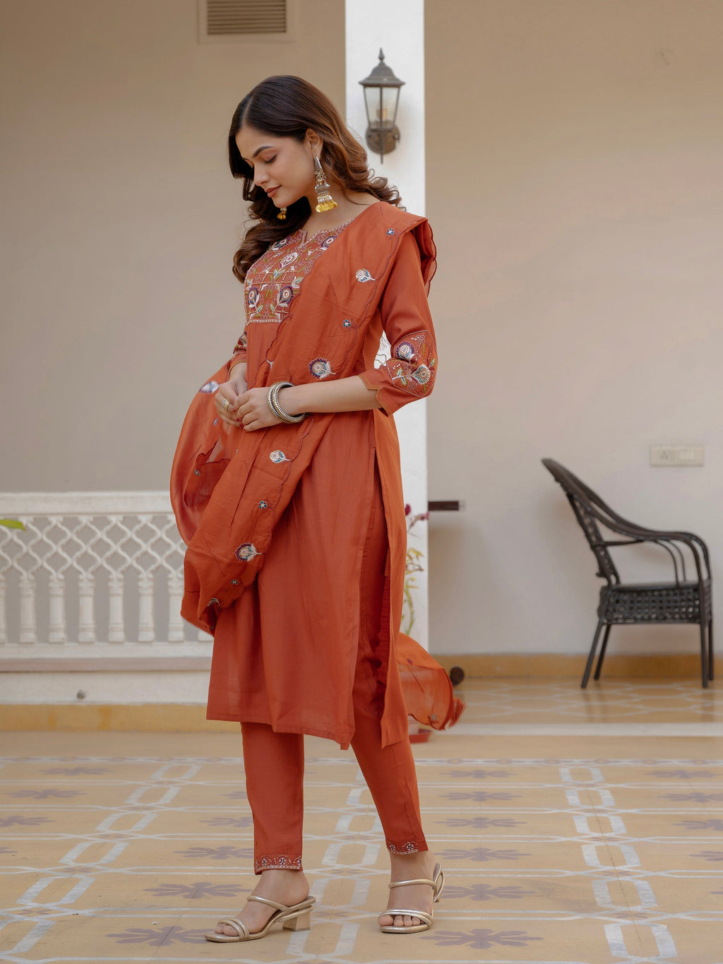 Lorenvalley Fashion Rust Viscose Mango Silk Multi Embroidery Sequins With Hand Work Kurta Pant Dupatta - Distacart