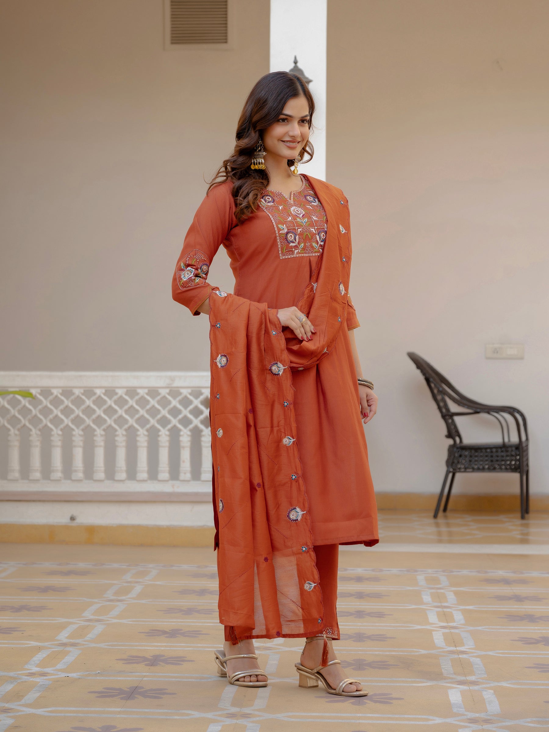Lorenvalley Fashion Rust Viscose Mango Silk Multi Embroidery Sequins With Hand Work Kurta Pant Dupatta - Distacart