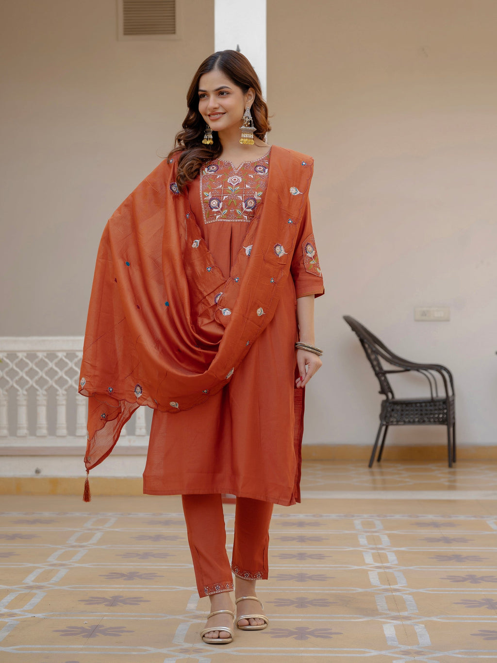 Lorenvalley Fashion Rust Viscose Mango Silk Multi Embroidery Sequins With Hand Work Kurta Pant Dupatta - Distacart