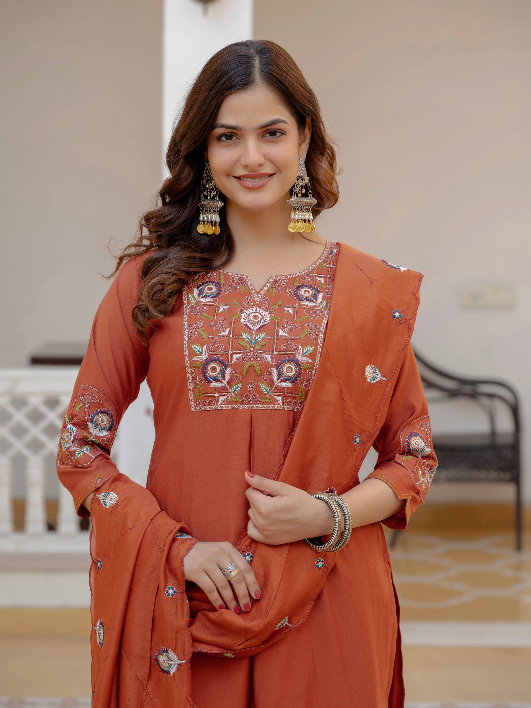 Lorenvalley Fashion Rust Viscose Mango Silk Multi Embroidery Sequins With Hand Work Kurta Pant Dupatta - Distacart