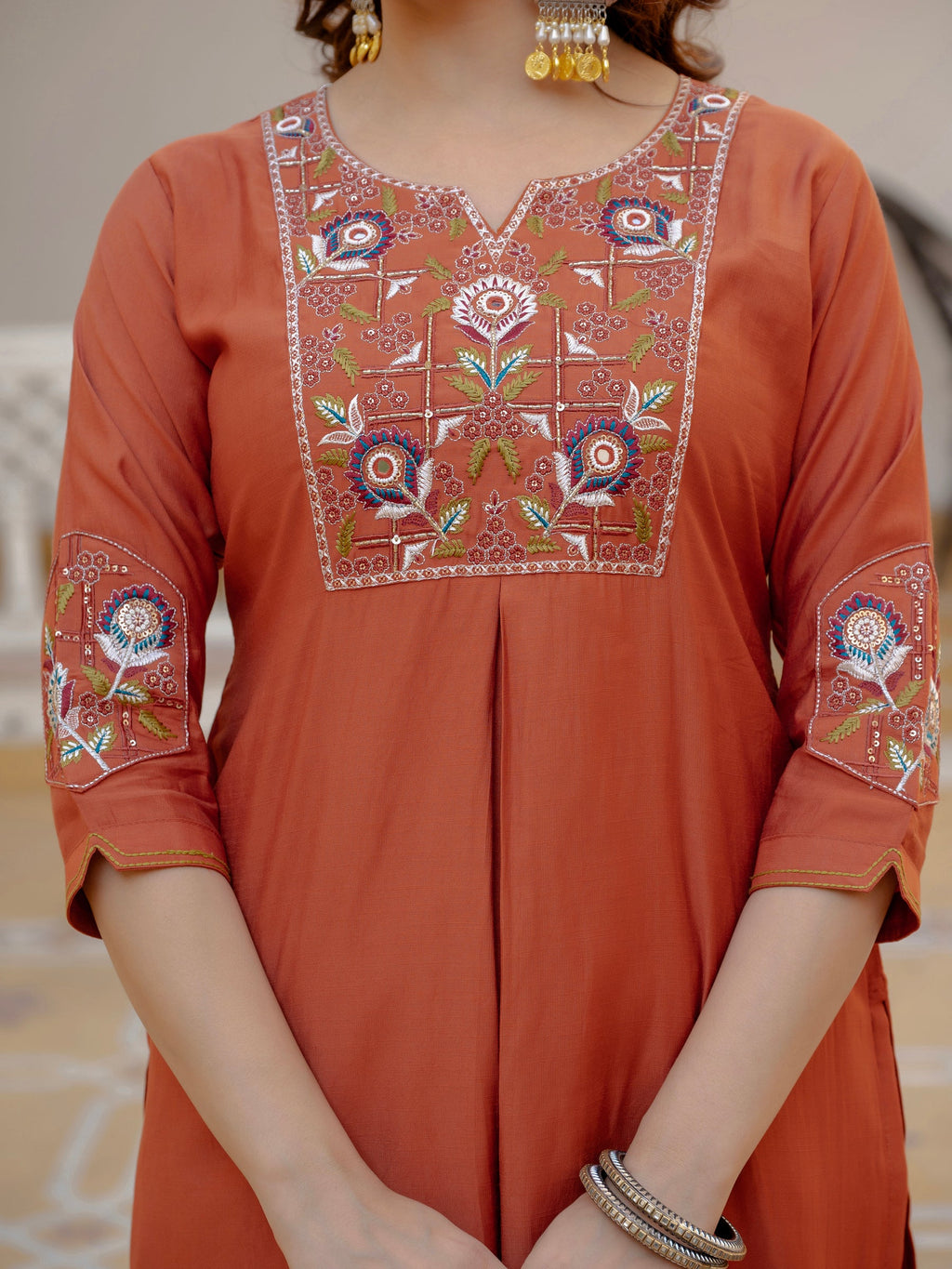 Lorenvalley Fashion Rust Viscose Mango Silk Multi Embroidery Sequins With Hand Work Kurta Pant Dupatta - Distacart