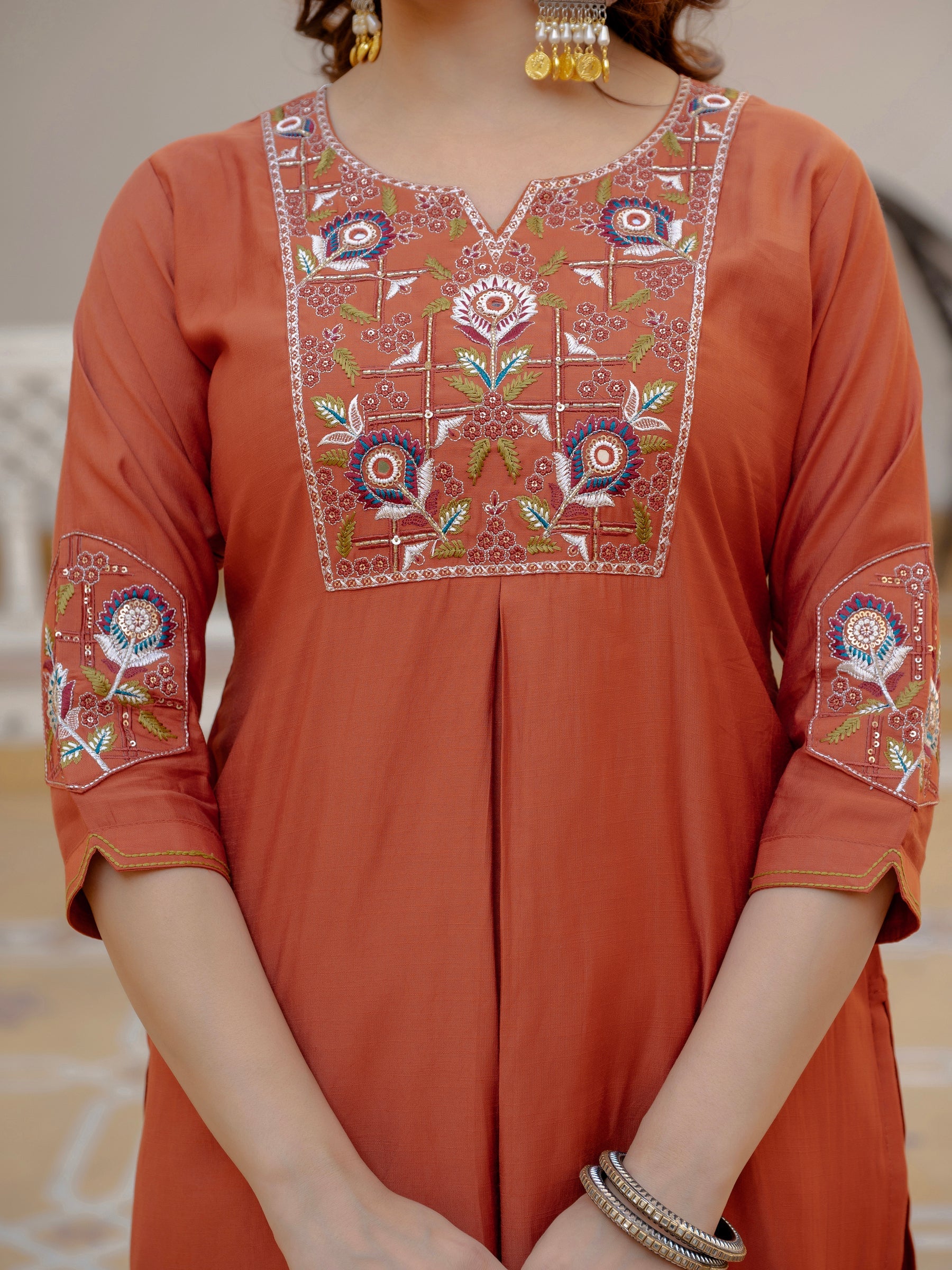 Lorenvalley Fashion Rust Viscose Mango Silk Multi Embroidery Sequins With Hand Work Kurta Pant Dupatta - Distacart