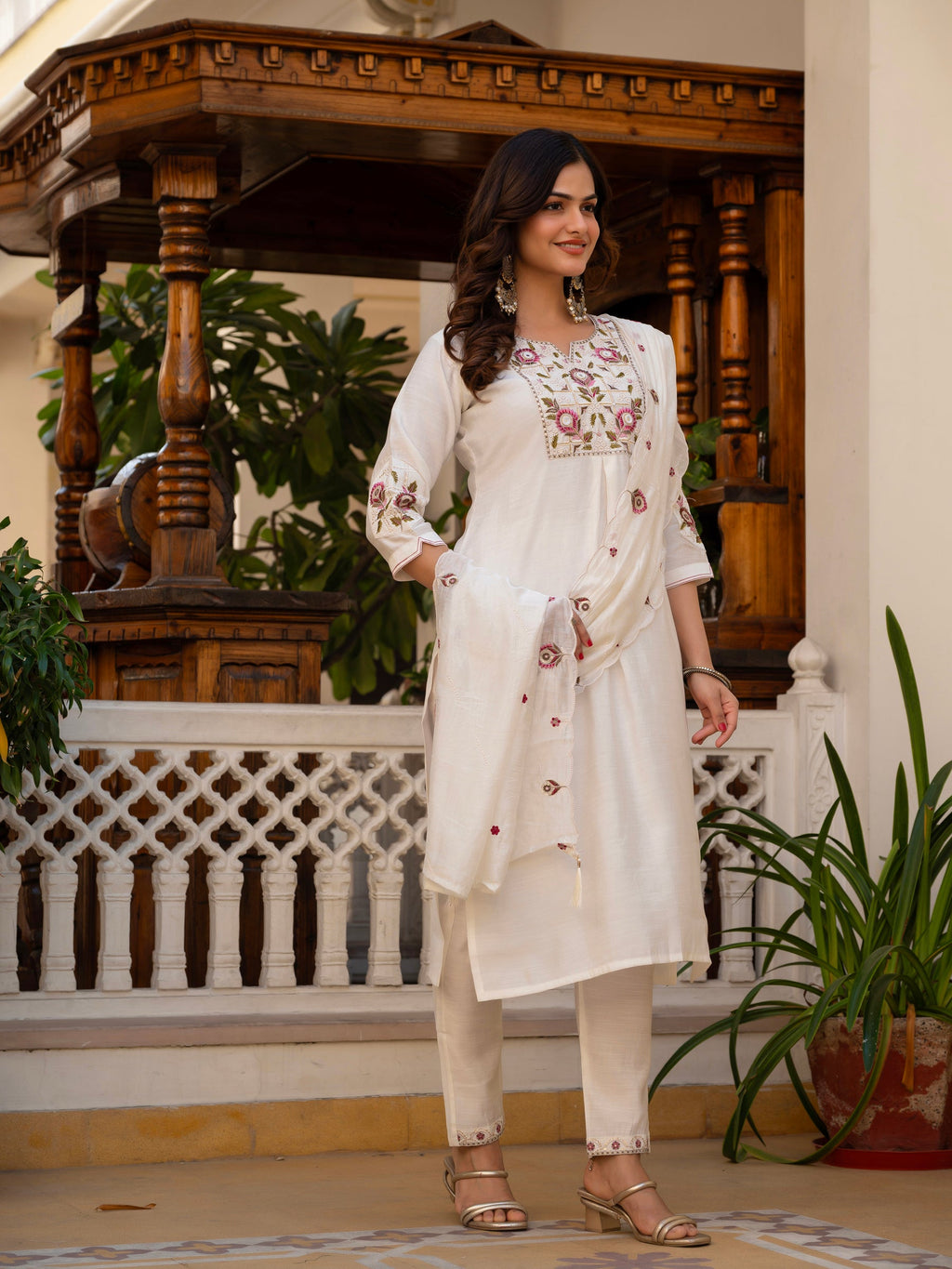 Lorenvalley Fashion White Viscose Mango Silk Multi Embroidery Sequins With Hand Work Kurta Pant Dupatta - Distacart