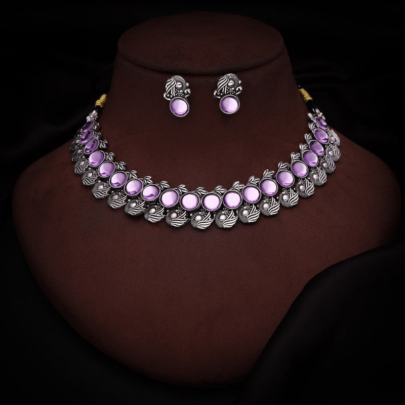 Tehzeeb Creations Silver Plated Lavender Colour Stone Jewellery Choker Necklace Set With Matching Pair of Stud Earrings