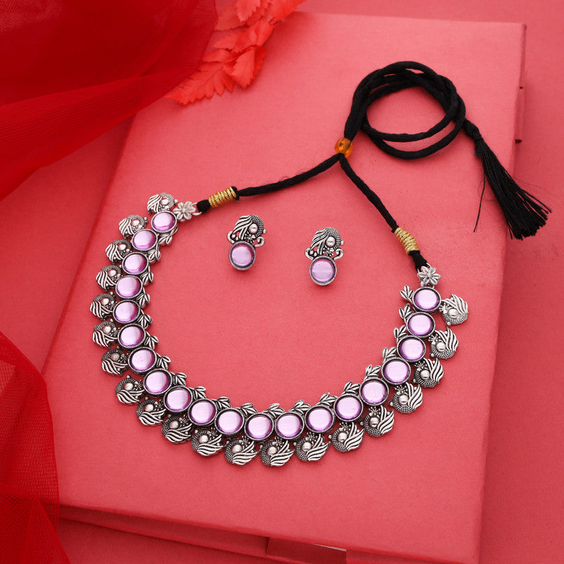 Tehzeeb Creations Silver Plated Lavender Colour Stone Jewellery Choker Necklace Set With Matching Pair of Stud Earrings