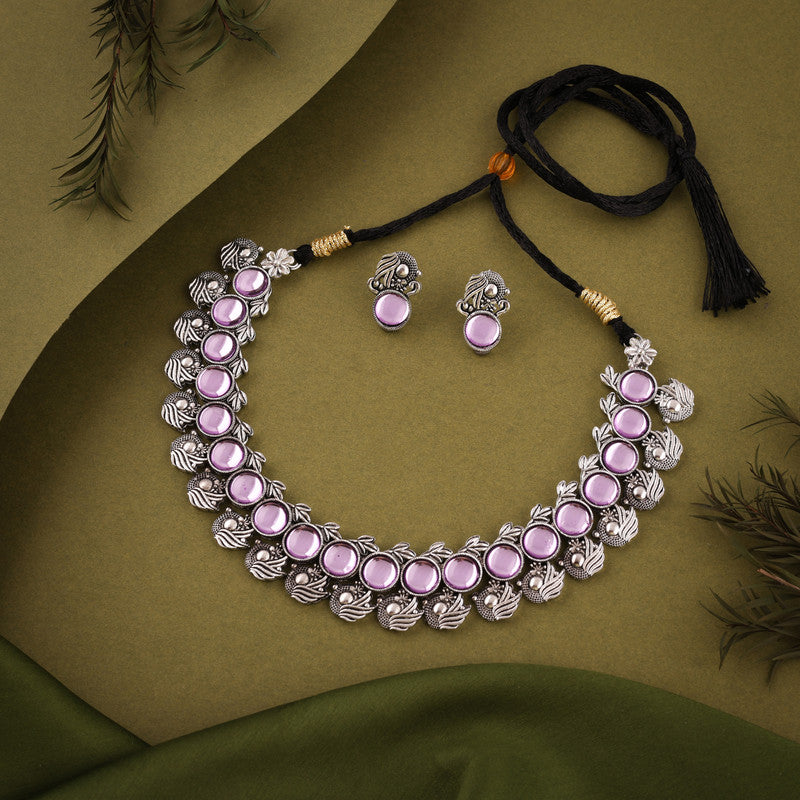 Tehzeeb Creations Silver Plated Lavender Colour Stone Jewellery Choker Necklace Set With Matching Pair of Stud Earrings
