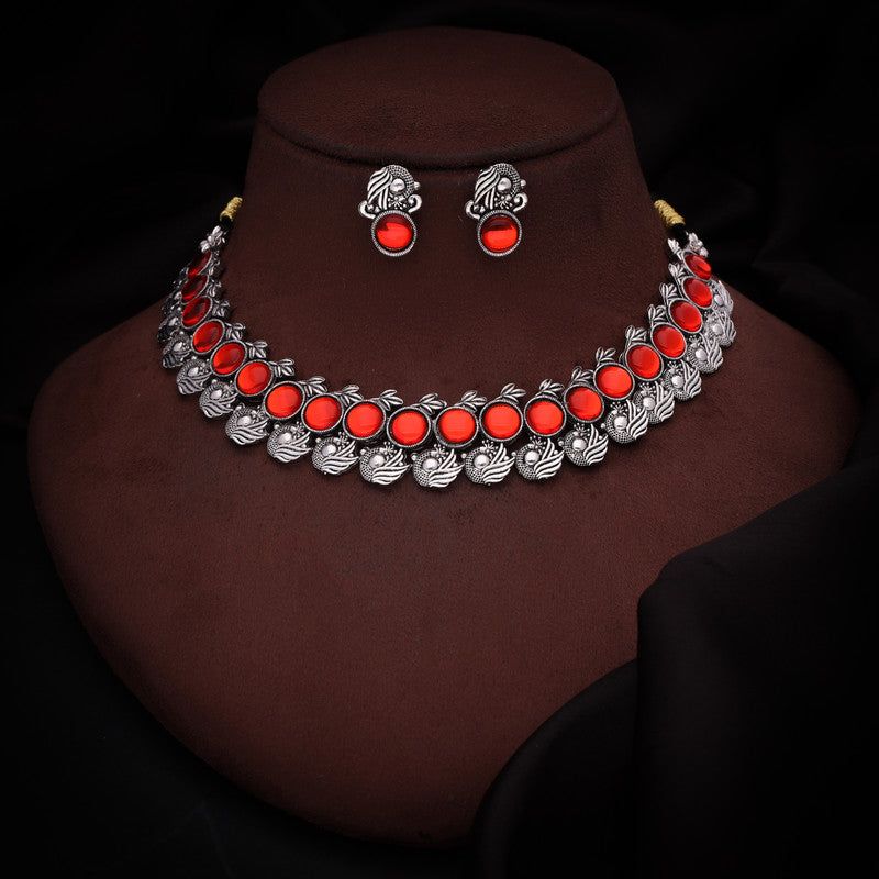 Tehzeeb Creations Silver Plated Orange Colour Stone Jewellery Choker Necklace Set With Matching Pair of Stud Earrings