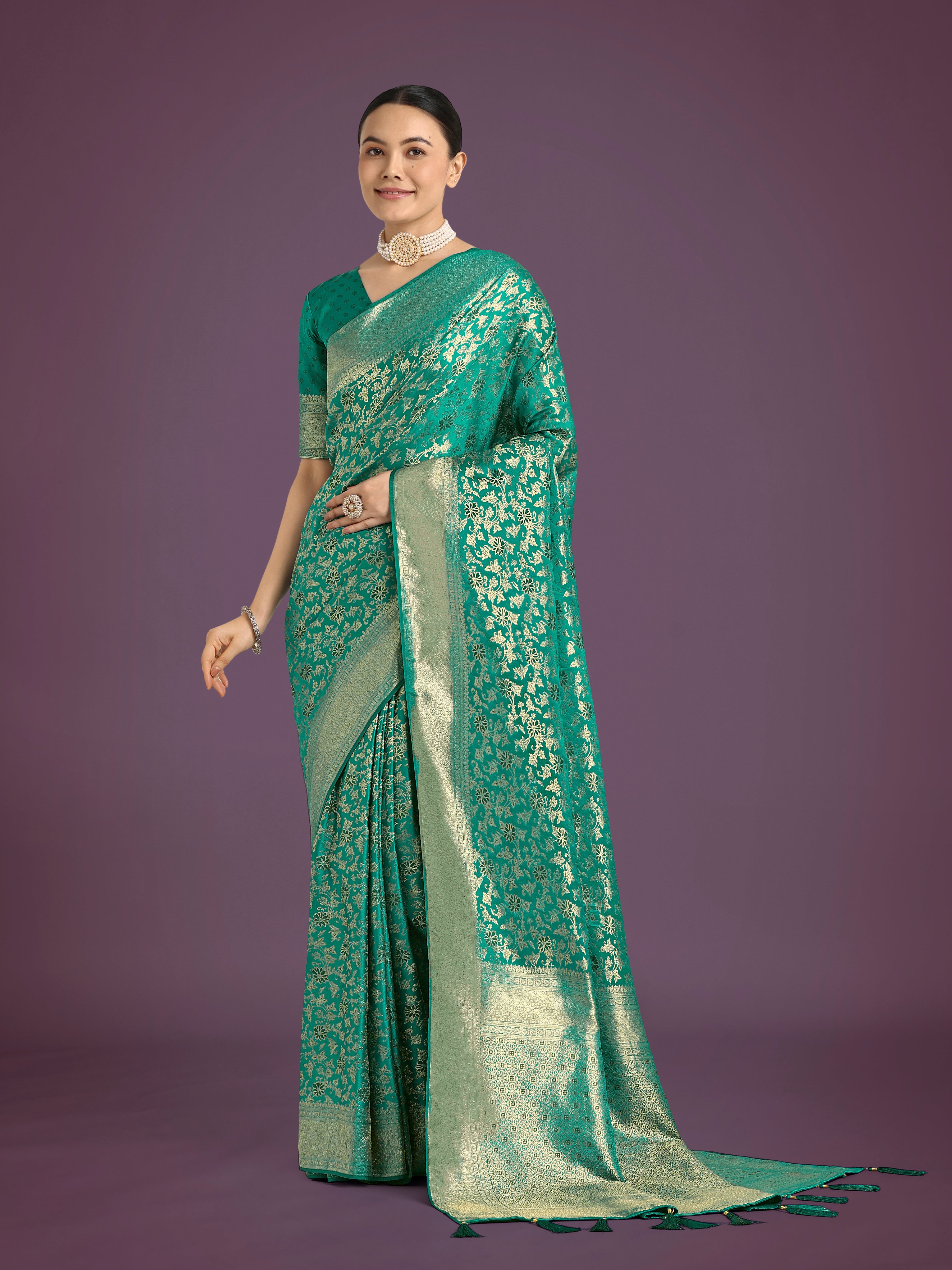 Monjolika Fashion Scintilla Turquoise Banarasi Satin Silk Meenakari zari weaving Pattern Saree - Distacart