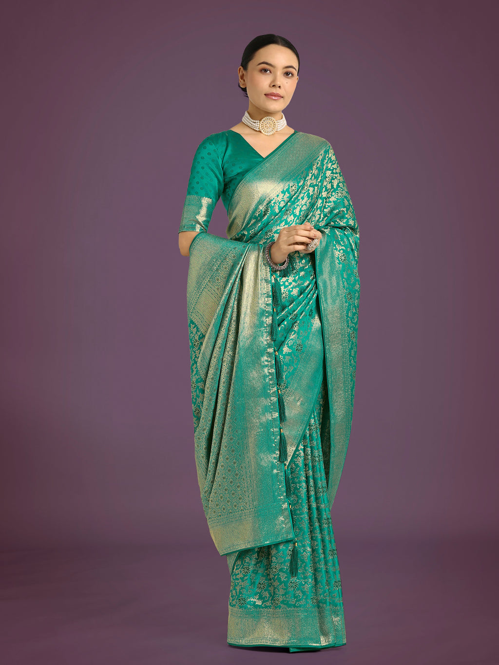 Monjolika Fashion Scintilla Turquoise Banarasi Satin Silk Meenakari zari weaving Pattern Saree - Distacart