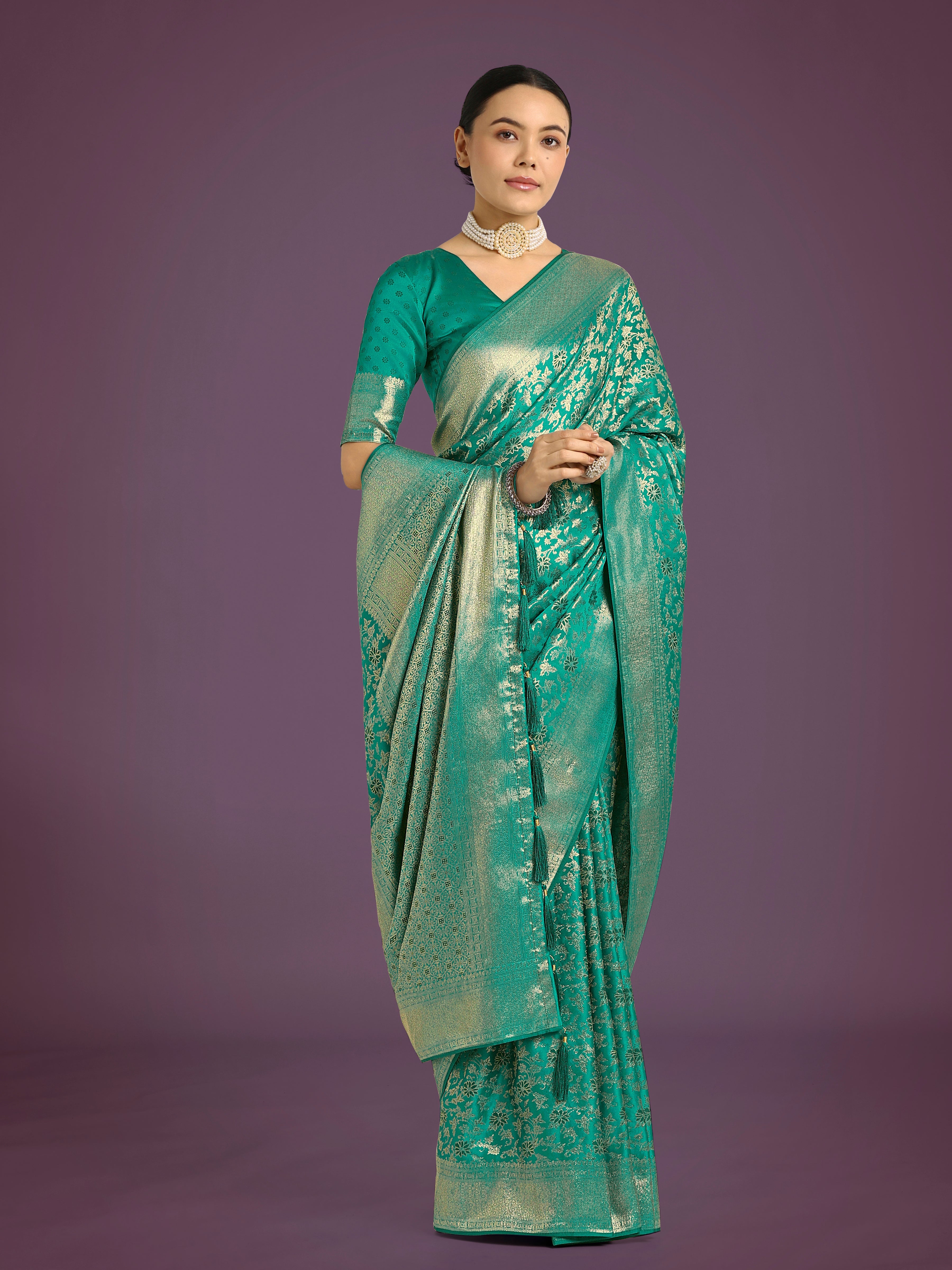 Monjolika Fashion Scintilla Turquoise Banarasi Satin Silk Meenakari zari weaving Pattern Saree - Distacart
