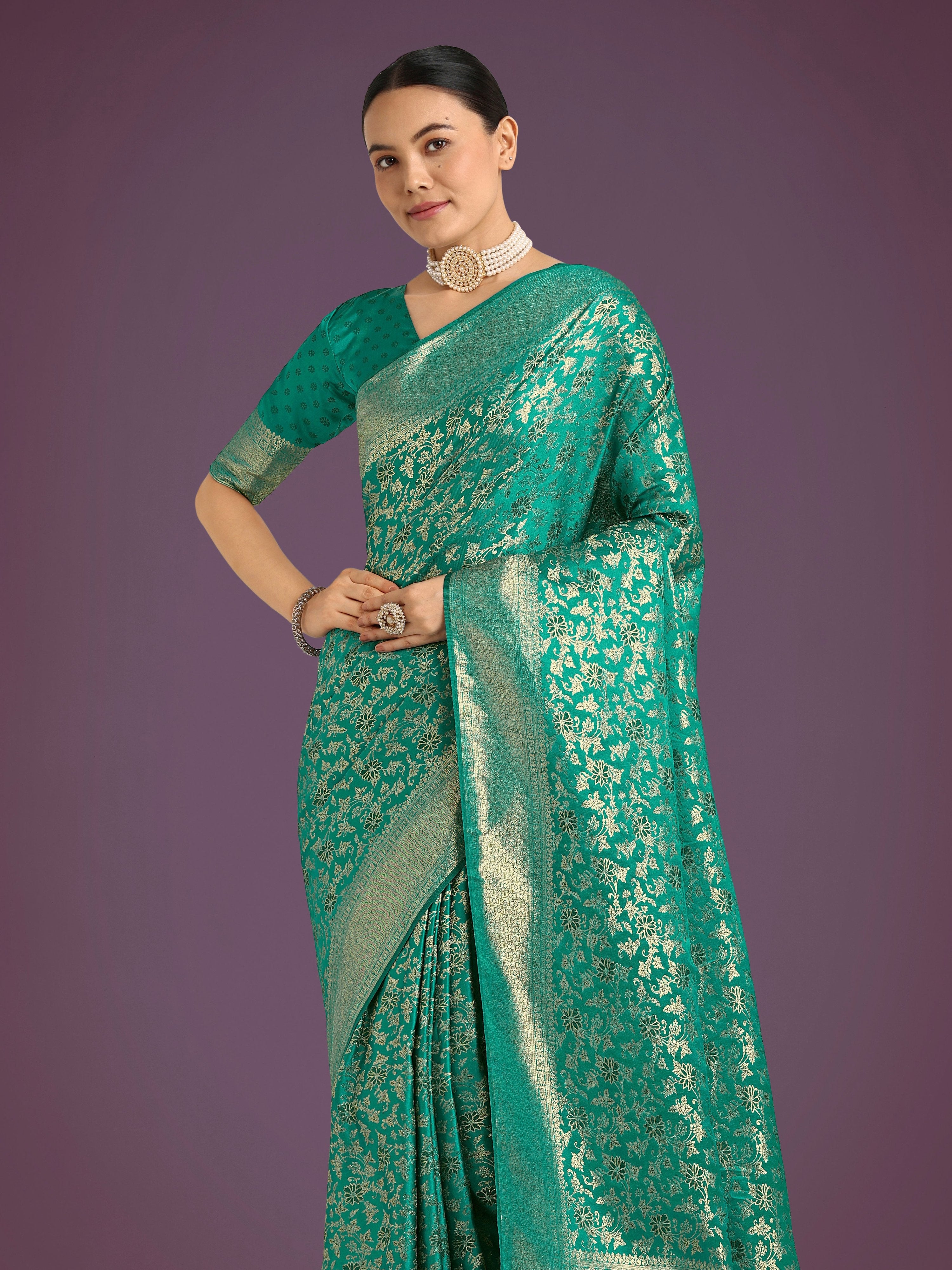 Monjolika Fashion Scintilla Turquoise Banarasi Satin Silk Meenakari zari weaving Pattern Saree - Distacart