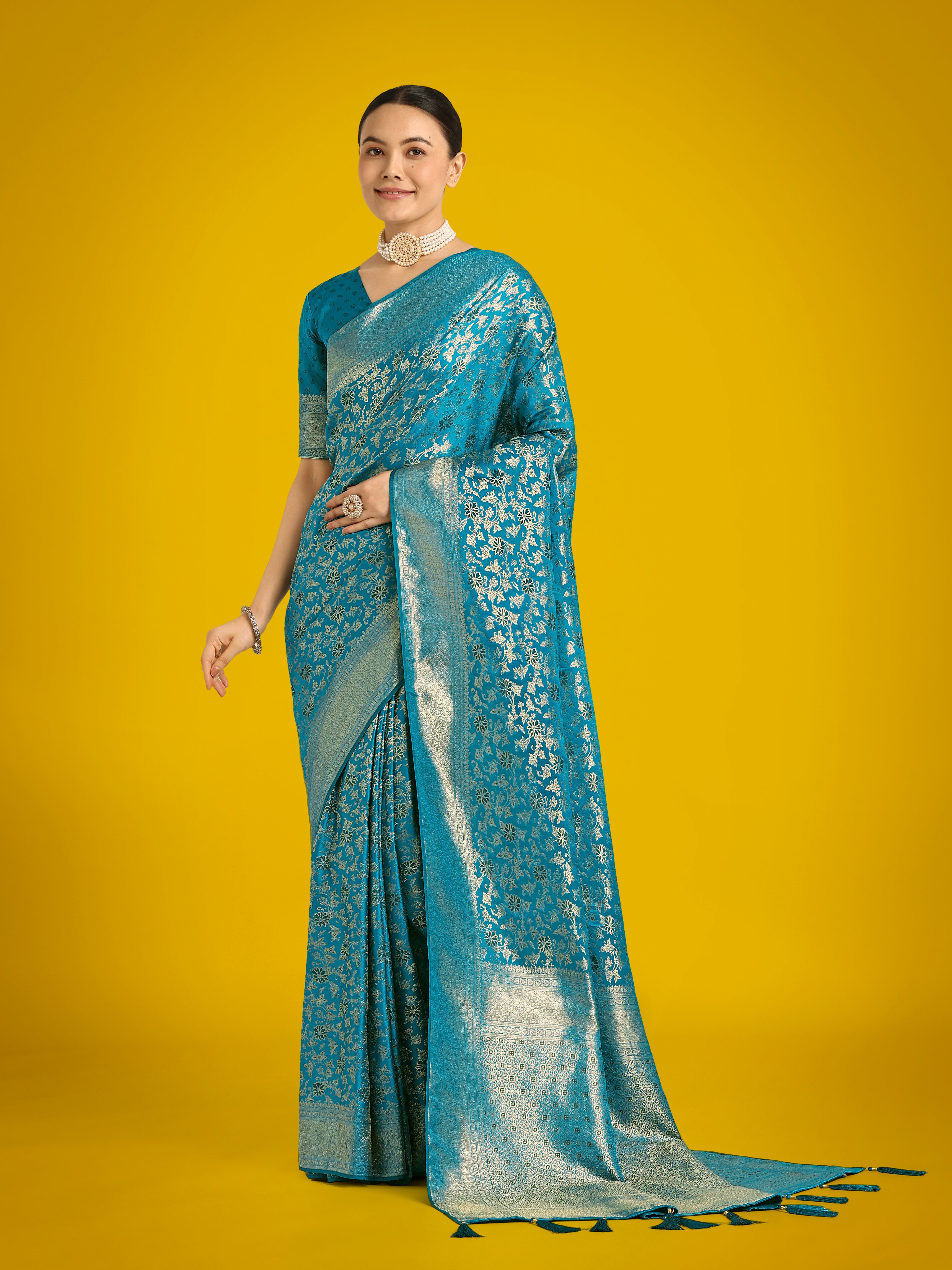 Monjolika Fashion Scintilla Sky blue Banarasi Satin Silk Meenakari zari weaving Pattern Saree - Distacart