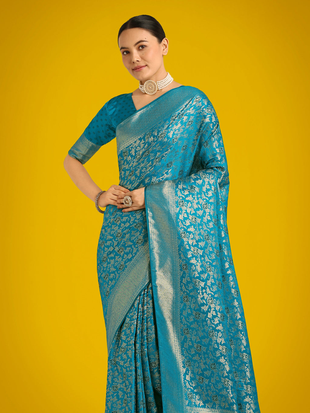 Monjolika Fashion Scintilla Sky blue Banarasi Satin Silk Meenakari zari weaving Pattern Saree - Distacart
